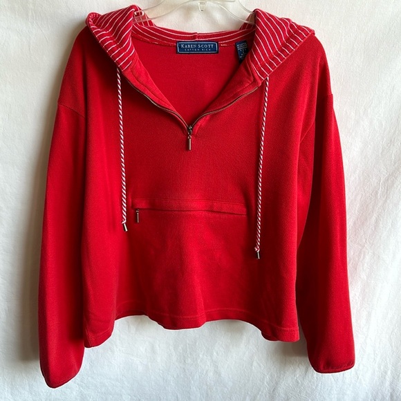 Karen Scott gorgeous coral hoodie with striped inner hood and drawstring, size L - Picture 1 of 8